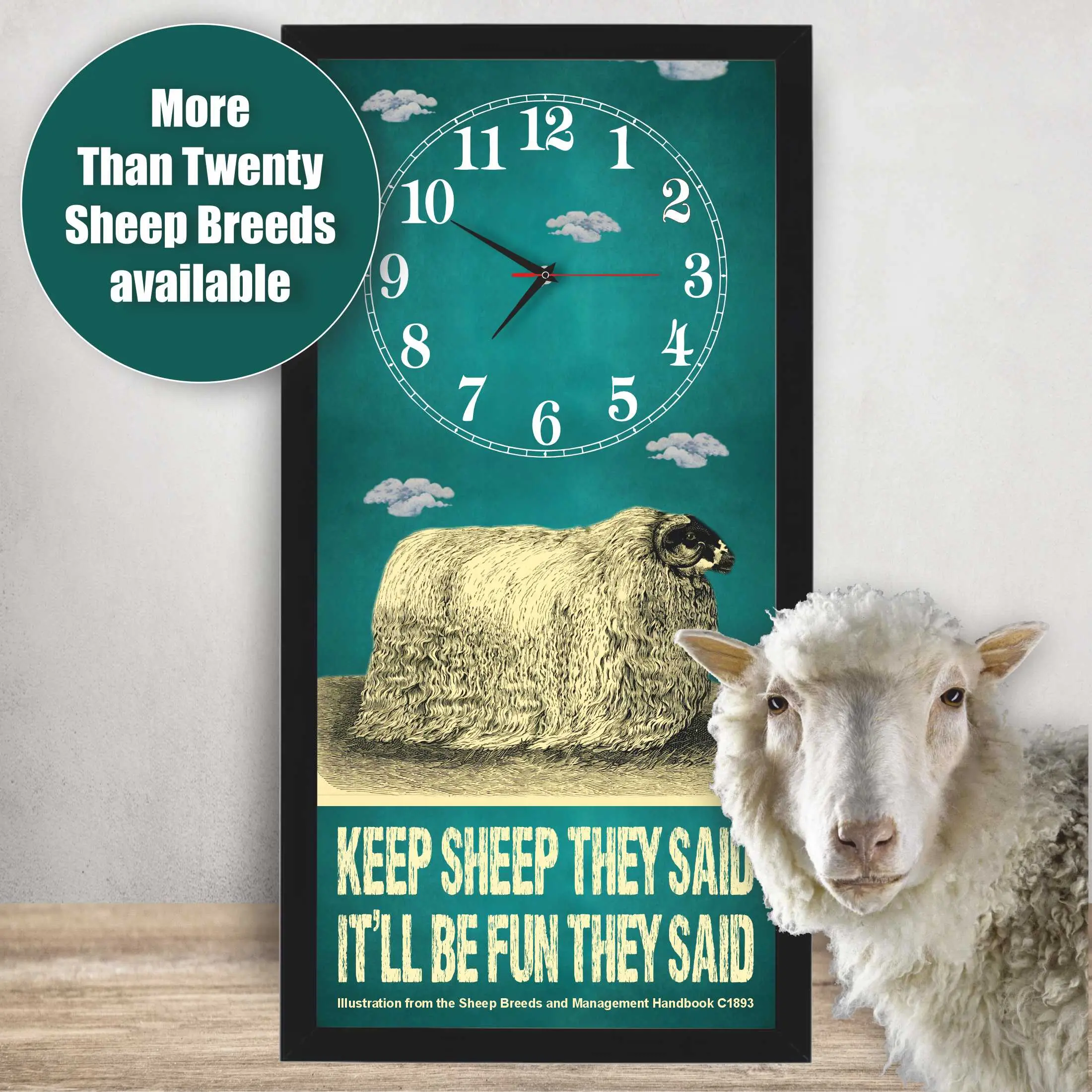Black Faced Ram Sheep Clock – Keep Sheep They Said lifestyle photo, black frame
