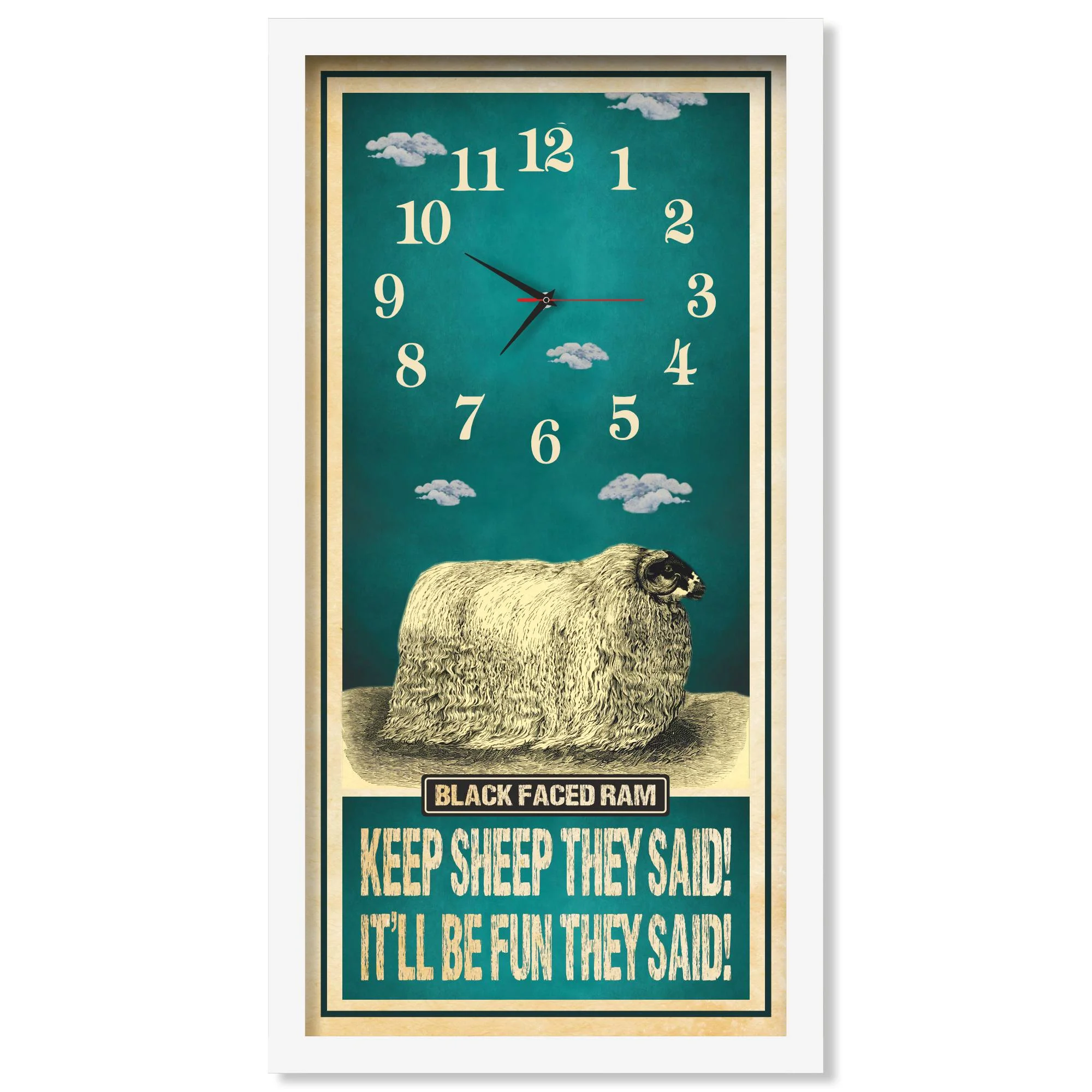 Black Faced Ram Sheep Clock – Keep Sheep They Said, white frame