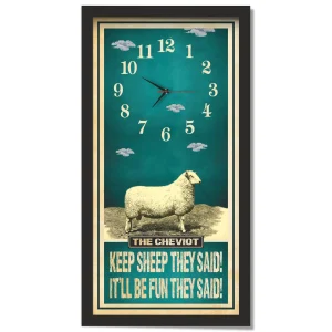 Cheviot Sheep Clock – Keep Sheep They Said, black frame