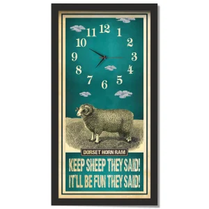 Dorset Horn Ram Sheep Clock – Keep Sheep They Said, black frame