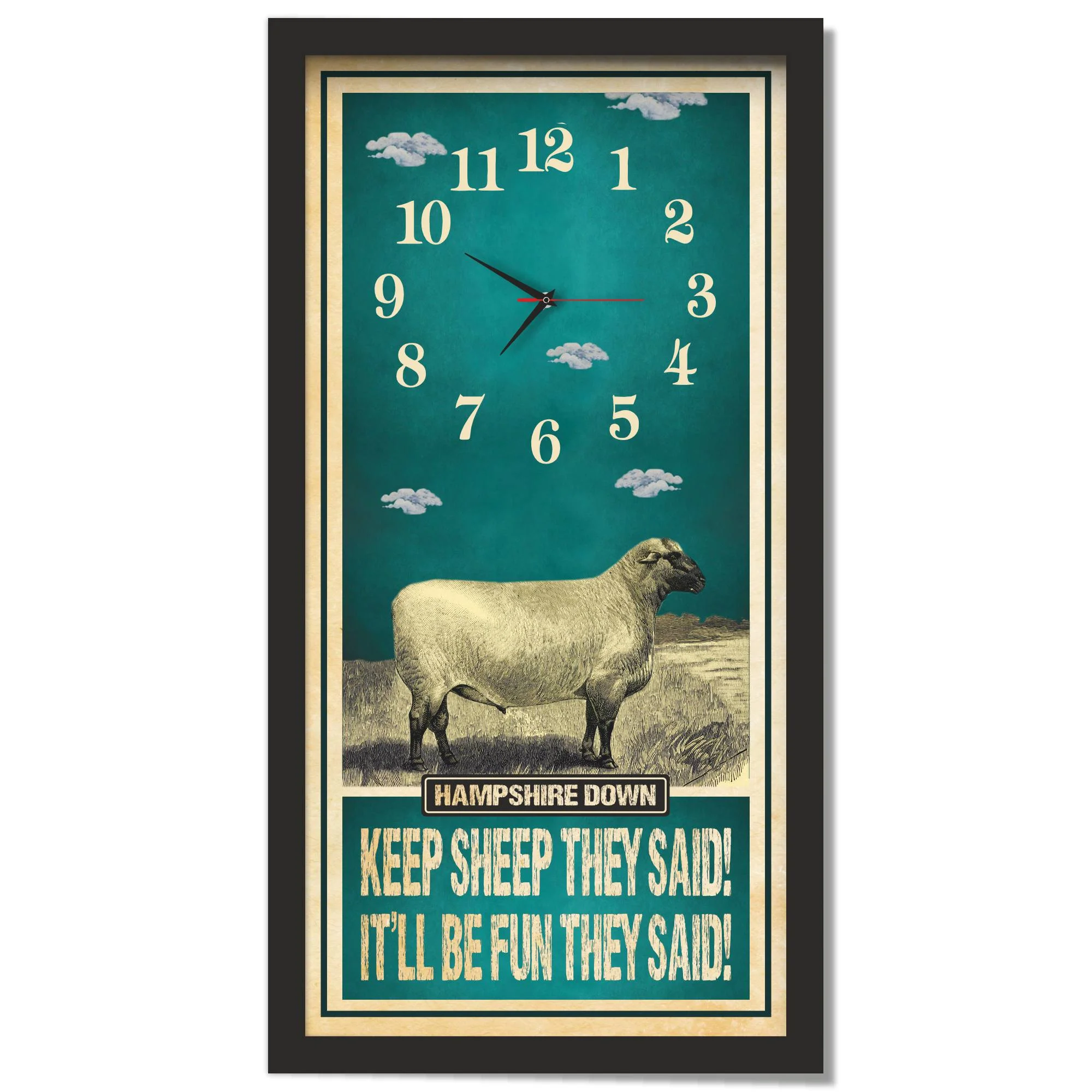 Hampshire Down Ram Sheep Clock – Keep Sheep They Said, black frame
