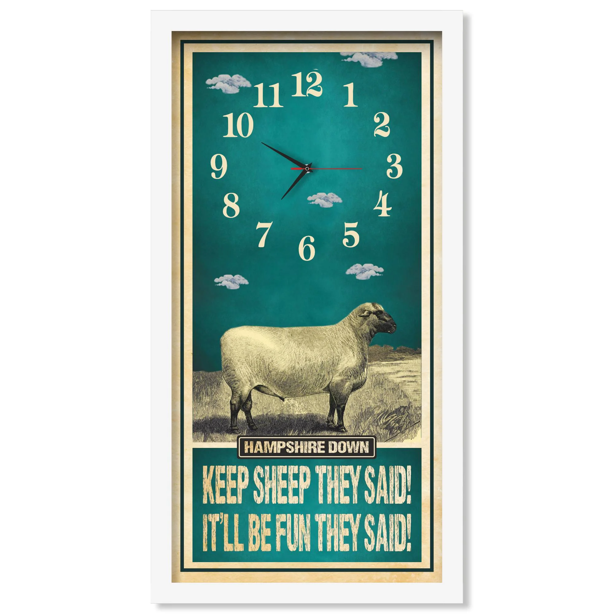 Hampshire Down Ram Sheep Clock – Keep Sheep They Said, white frame