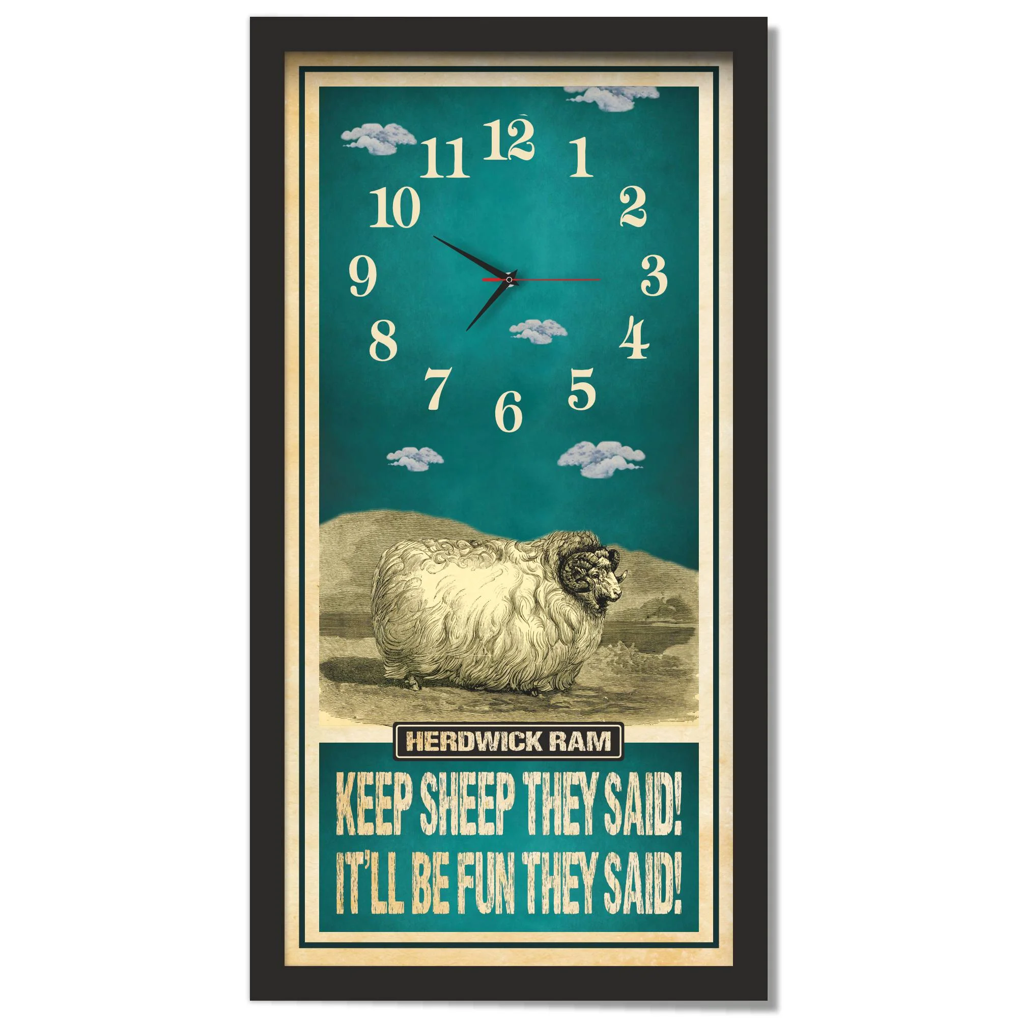 Herdwick Ram Sheep Clock – Keep Sheep They Said, black frame
