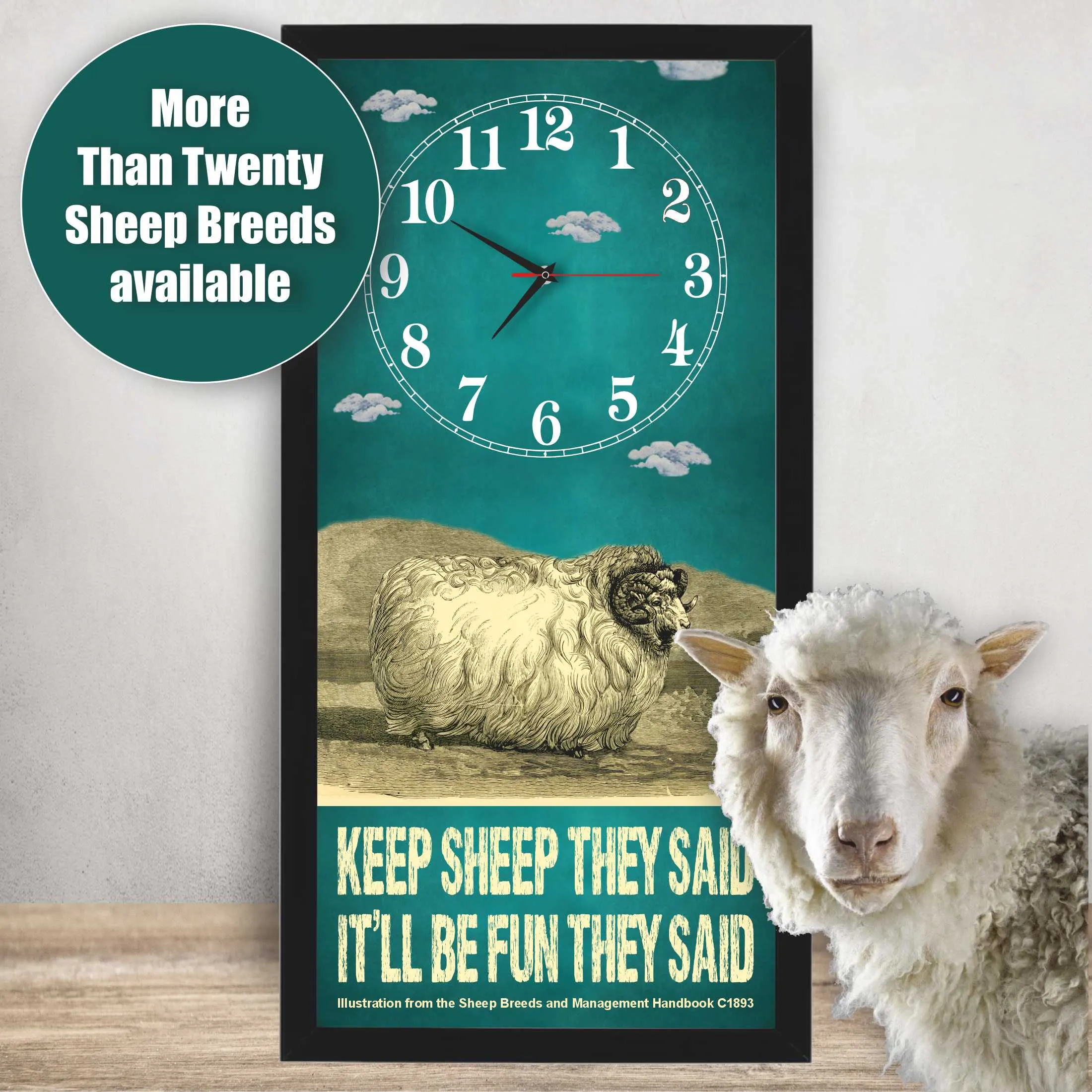 Herdwick Ram Sheep Clock – Keep Sheep They Said lifestyle photo, black frame