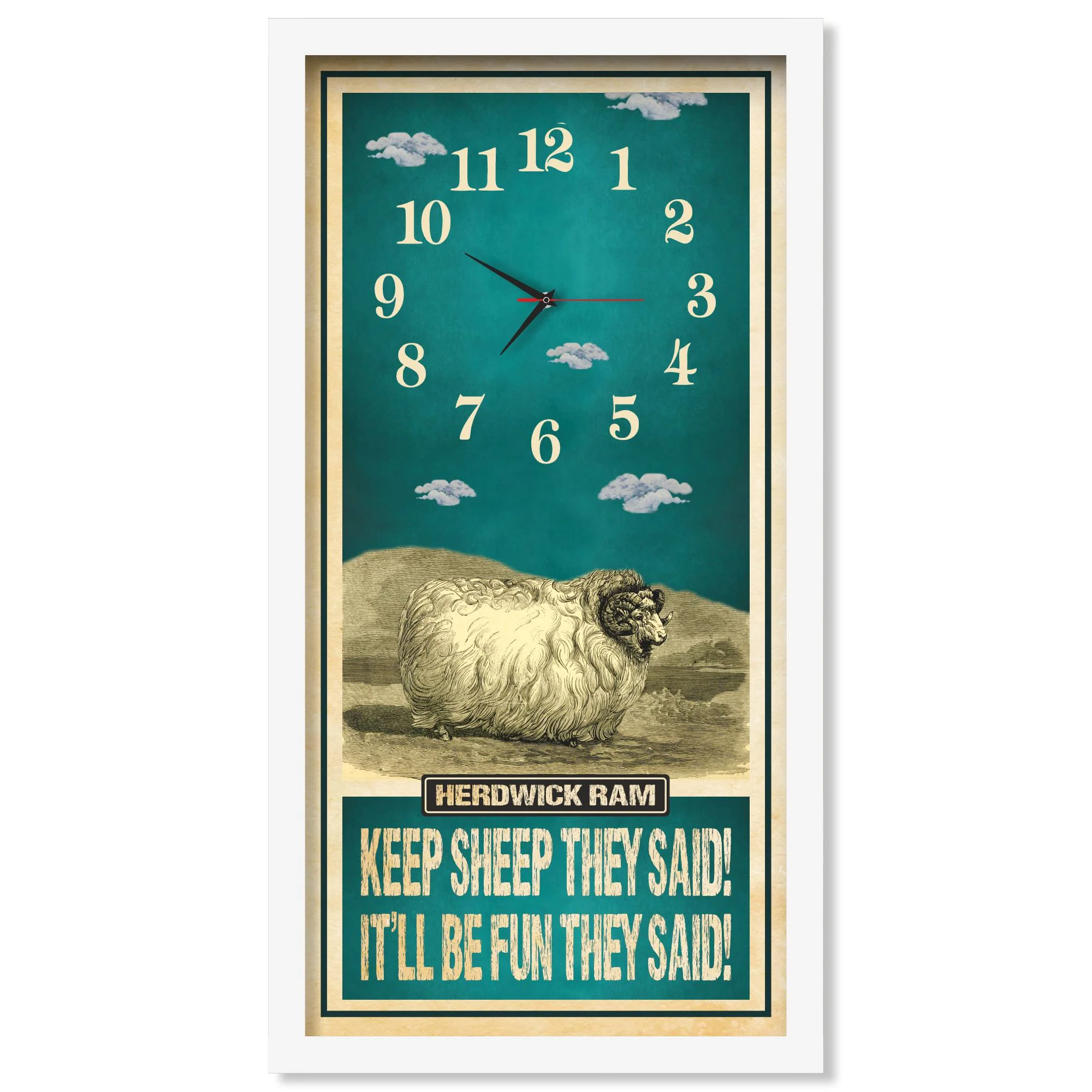 Herdwick Ram Sheep Clock – Keep Sheep They Said, white frame