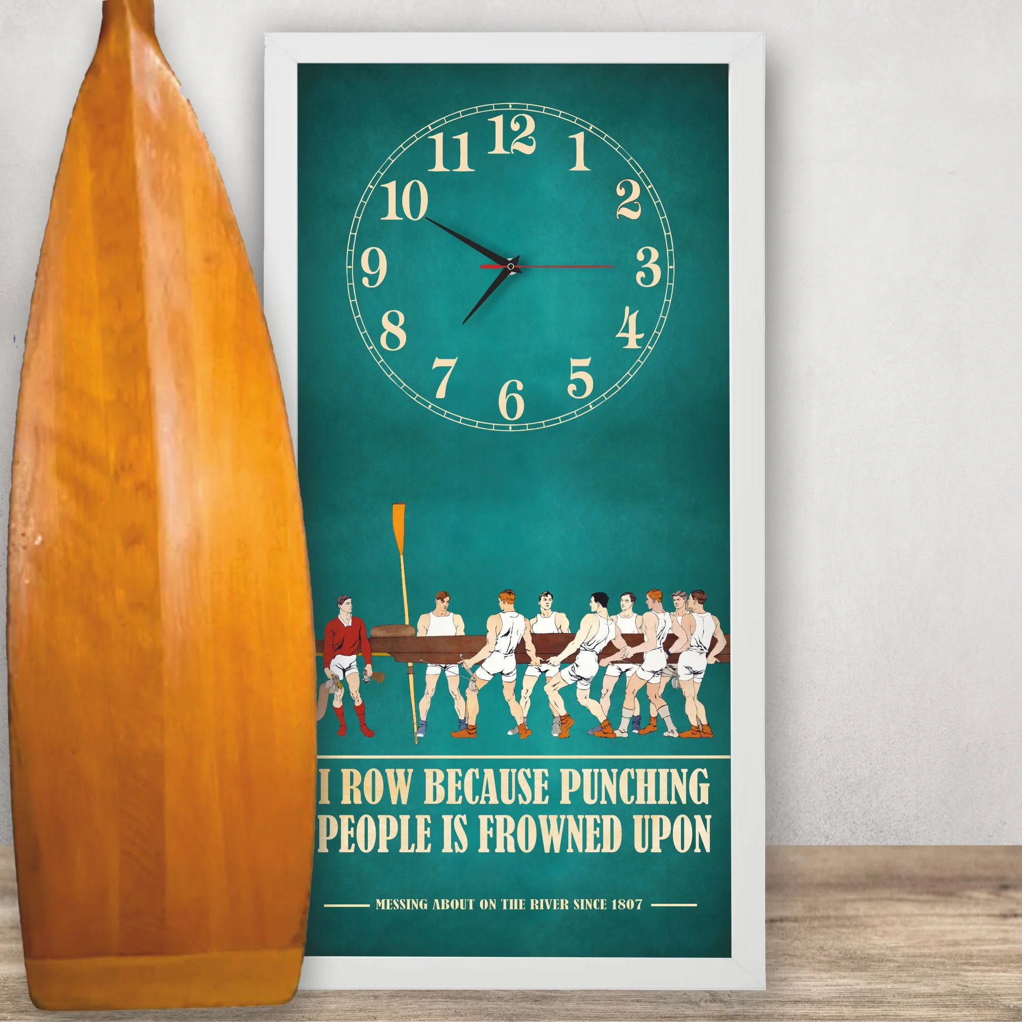 I Row Because Rowing Clock lifestyle photo, white frame
