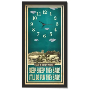 Kent & Romney Marsh Sheep Clock – Keep Sheep They Said, black frame