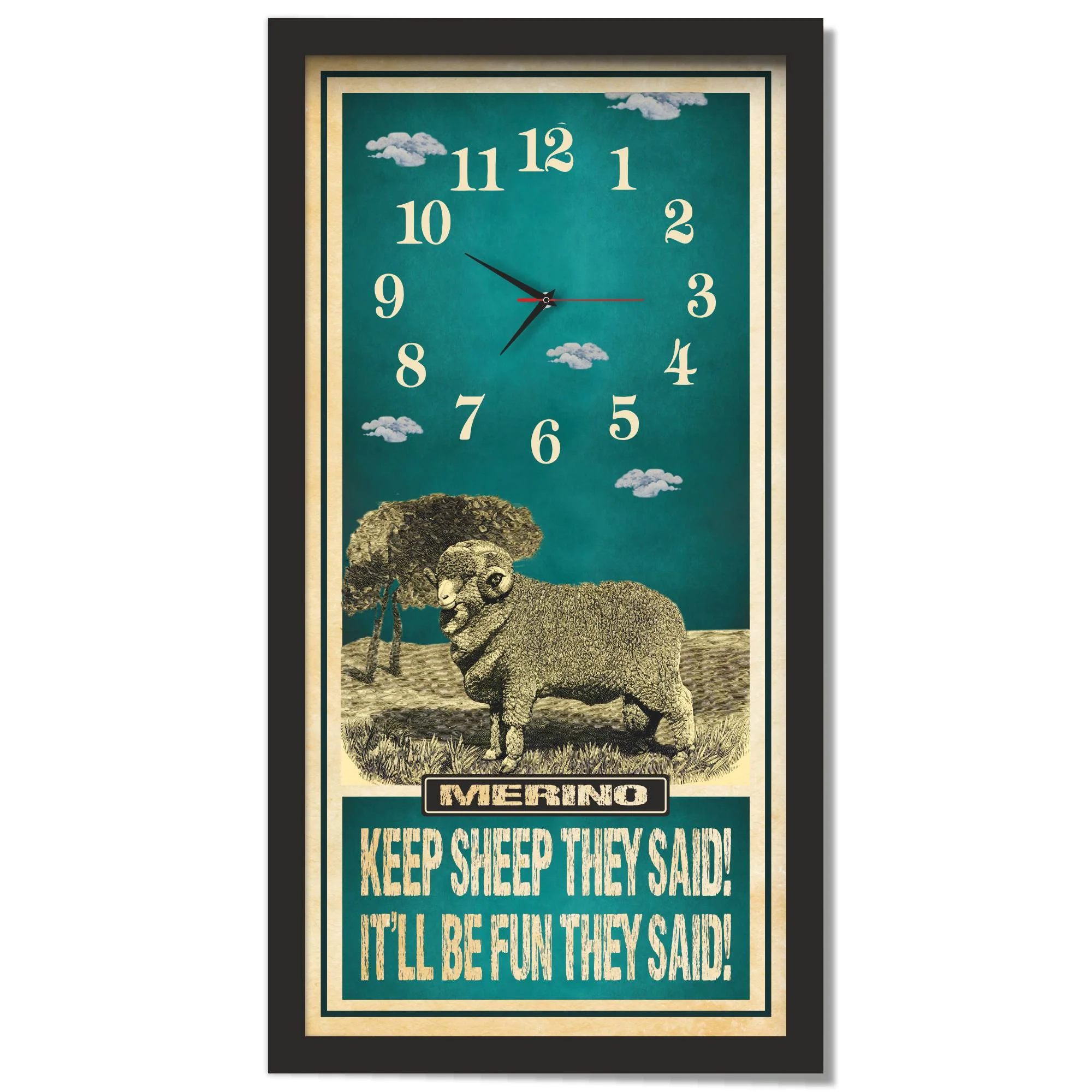 Merino Sheep Clock – Keep Sheep They Said, black frame