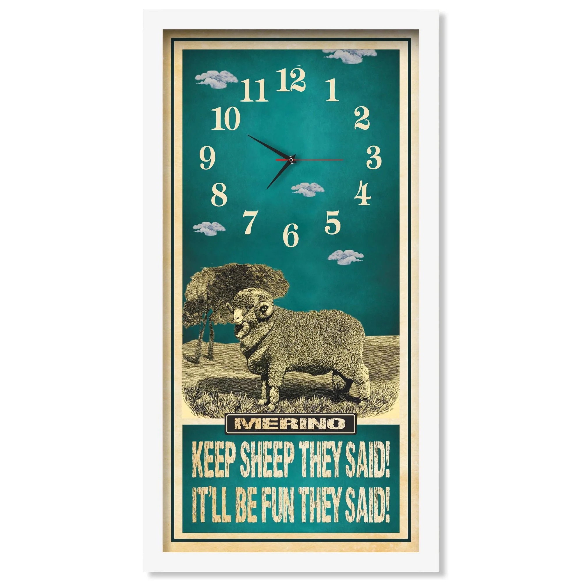 Merino Sheep Clock – Keep Sheep They Said, white frame