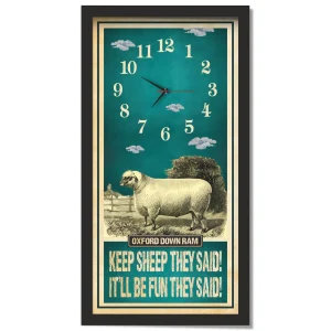Oxford Down Ram Sheep Clock – Keep Sheep They Said, black frame