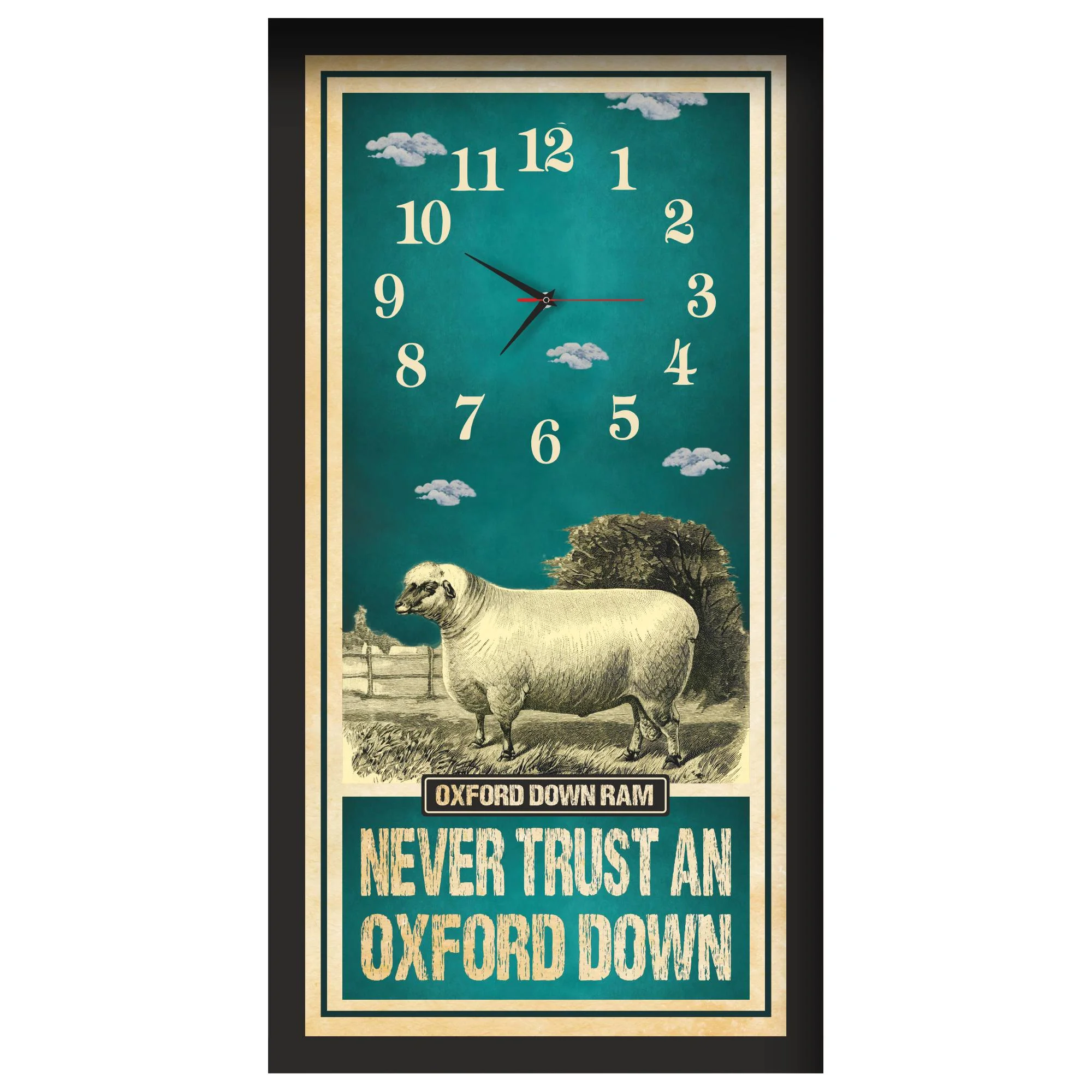 Oxford Down Ram Sheep Clock – Never Trust An Oxford Down, black frame