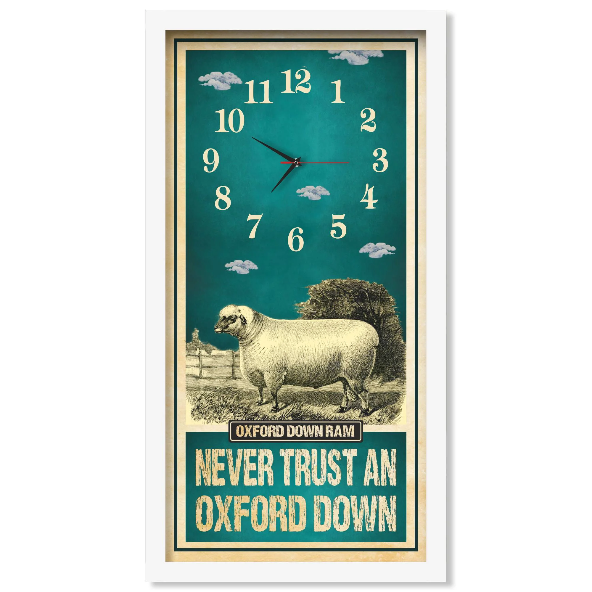 Oxford Down Ram Sheep Clock – Never Trust An Oxford Down, white frame