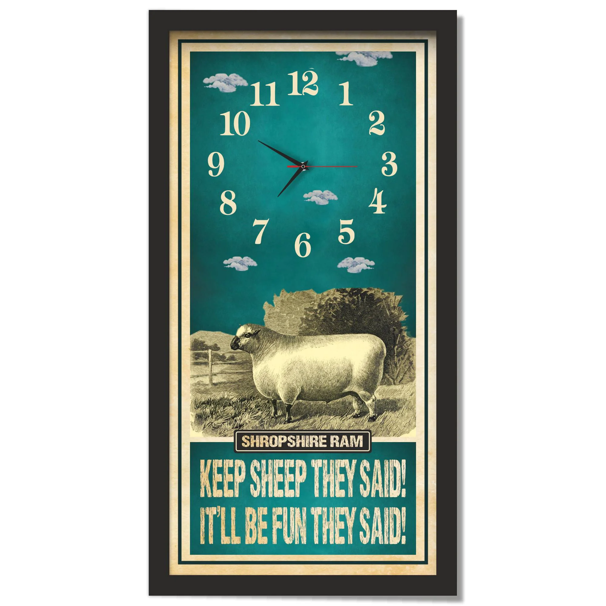 Shropshire Ram Sheep Clock – Keep Sheep They Said, black frame