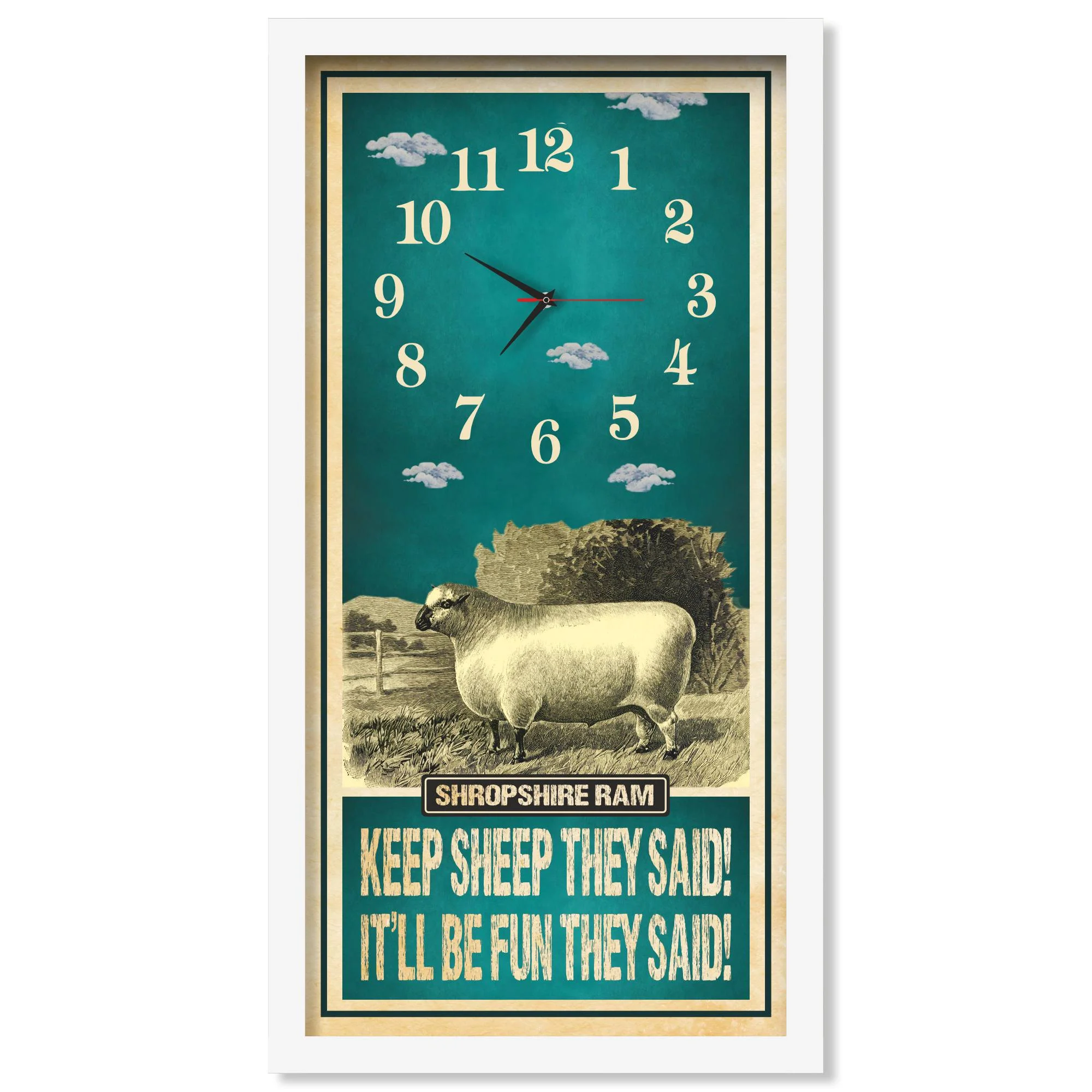 Shropshire Ram Sheep Clock – Keep Sheep They Said, white frame