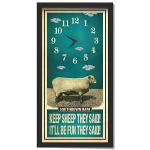 Southdown Ram Sheep Clock – Keep Sheep They Said, black frame