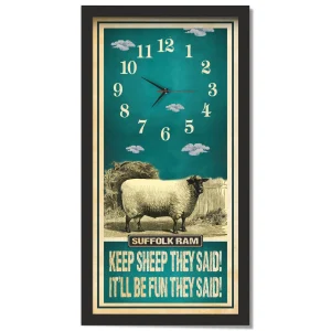 Suffolk Ram Sheep Clock – Keep Sheep They Said, black frame