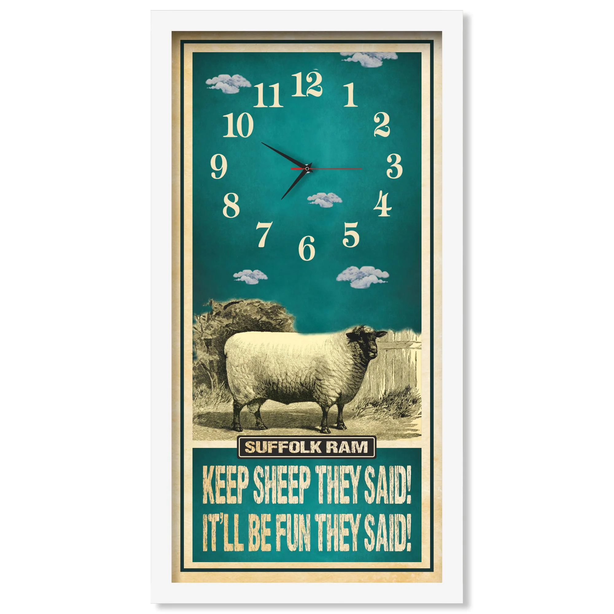 Suffolk Ram Sheep Clock – Keep Sheep They Said, white frame