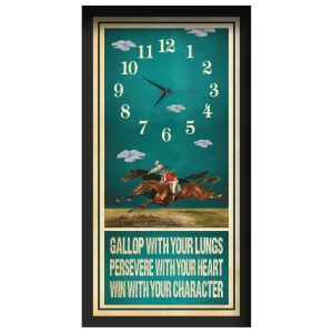 Gallop With Your Lungs horse racing clock, black frame - Two-Horse Duel design