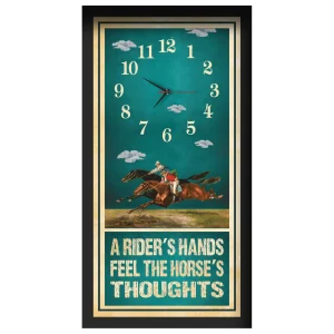 A Rider's Hands horse racing clock, black frame - Two-Horse Duel design
