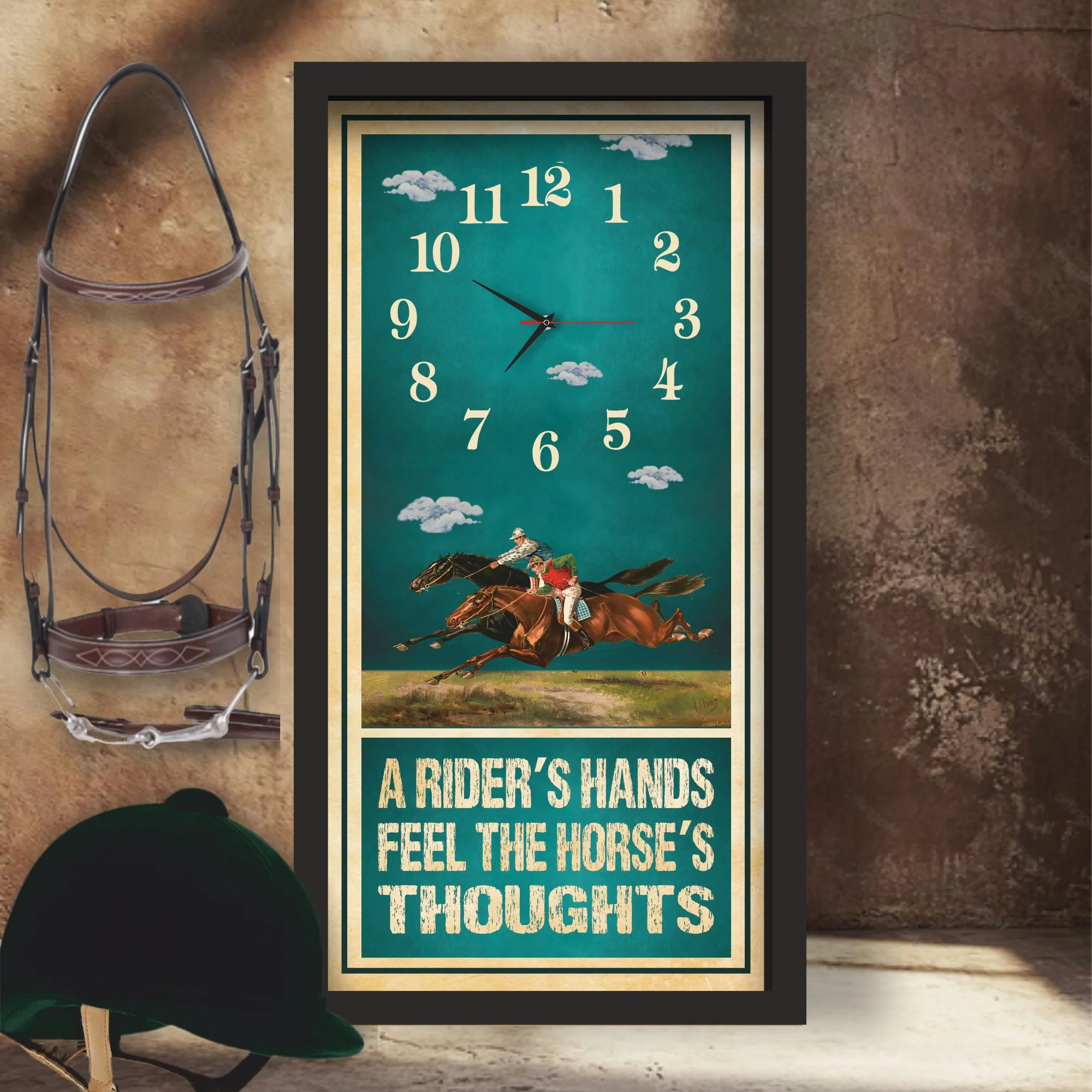 A Rider's Hands horse racing clock, black frame - Two-Horse Duel design, lifestyle shot