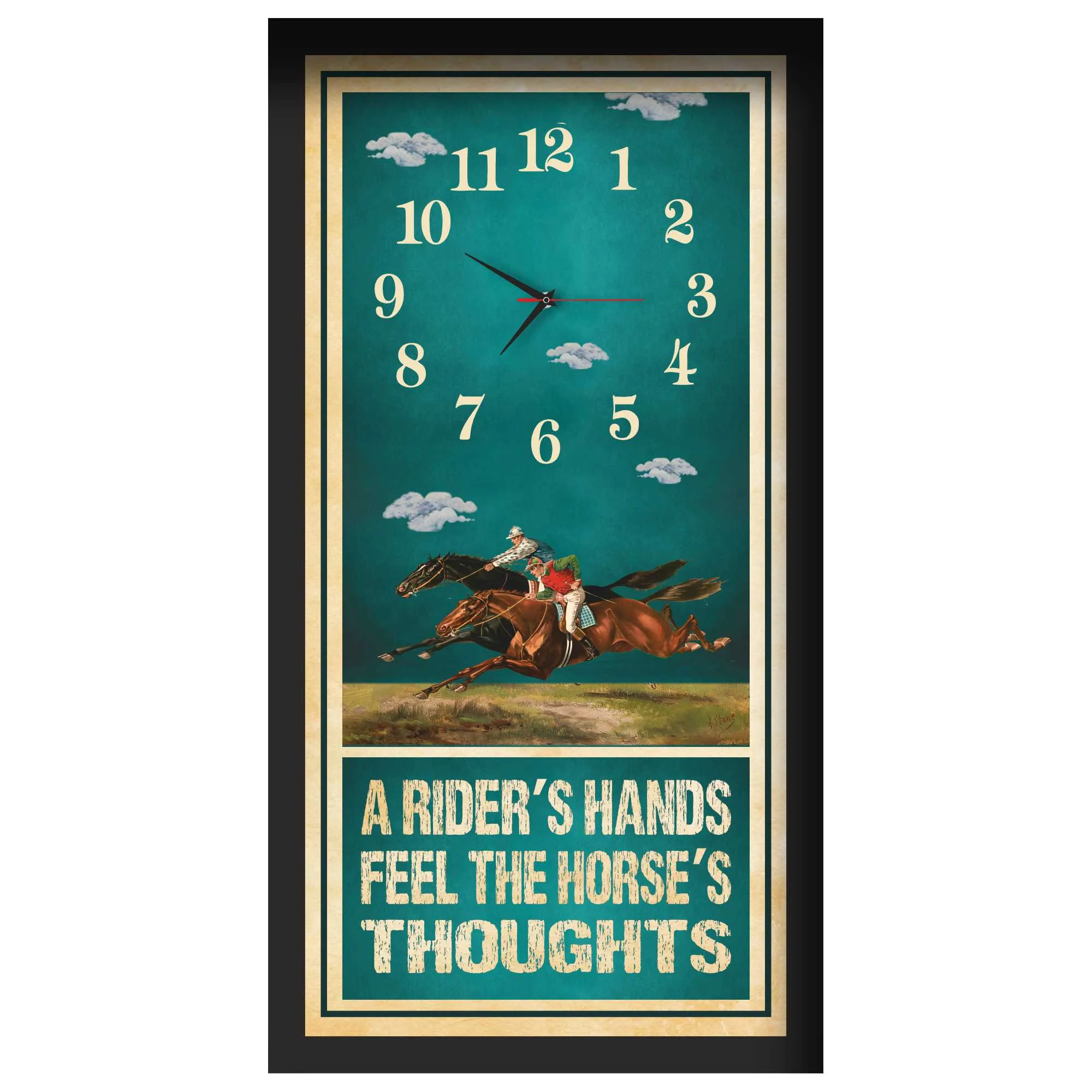 A Rider's Hands horse racing clock, black frame - Two-Horse Duel design