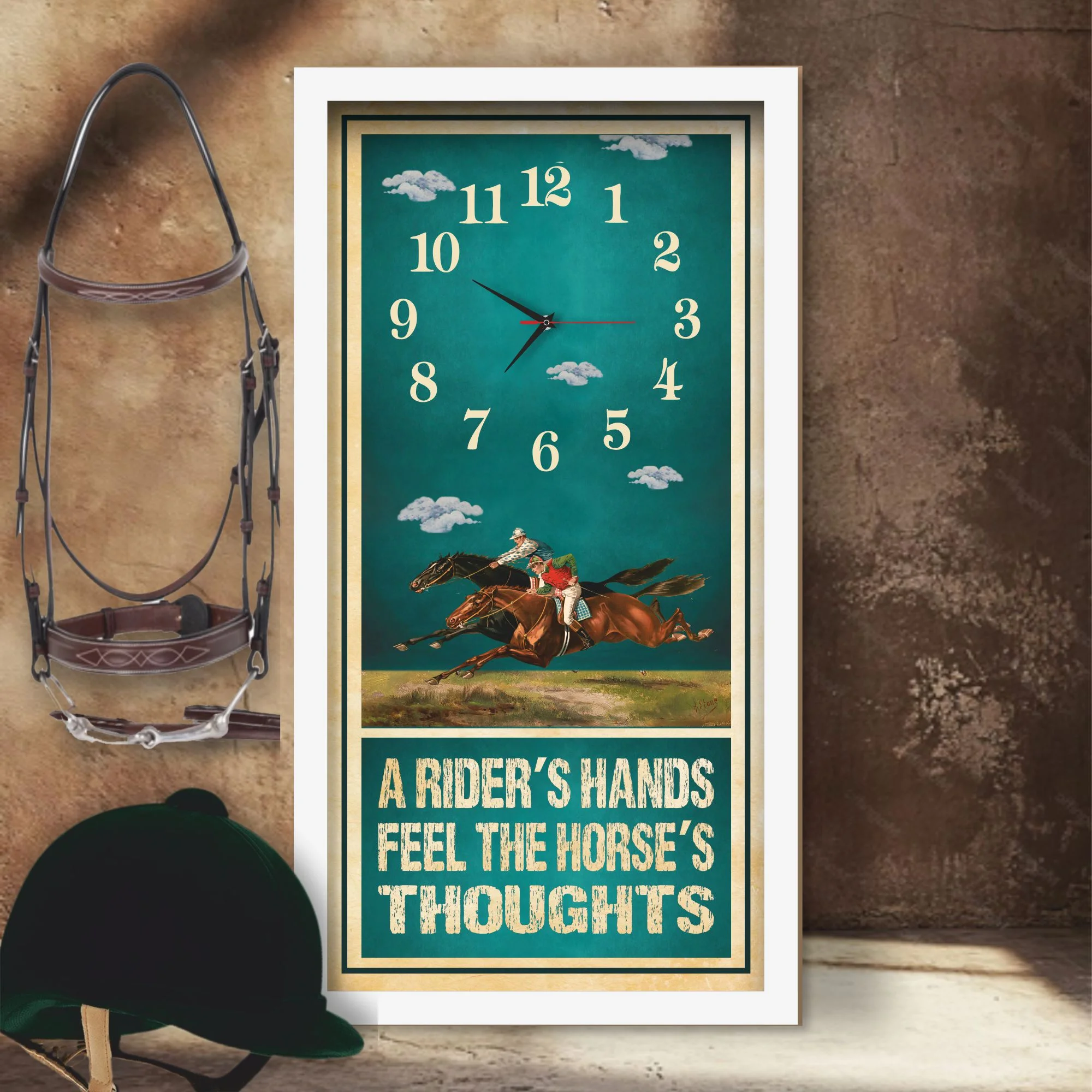 A Rider's Hands horse racing clock, white frame - Two-Horse Duel design, lifestyle shot