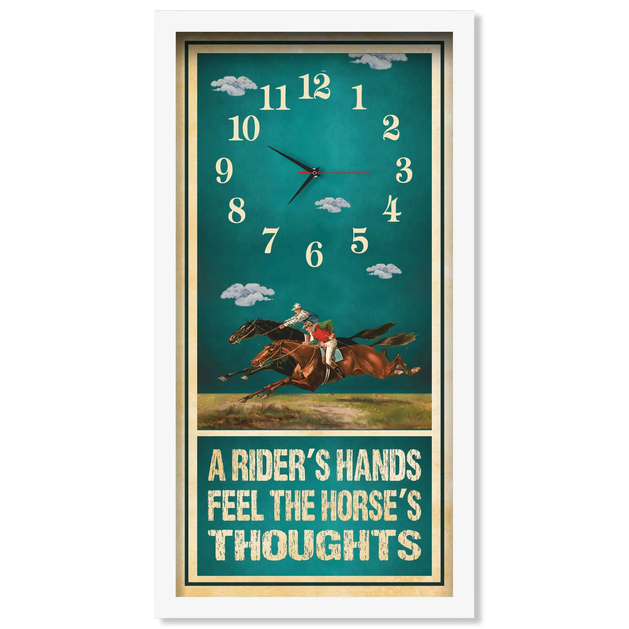 A Rider's Hands horse racing clock, white frame - Two-Horse Duel design