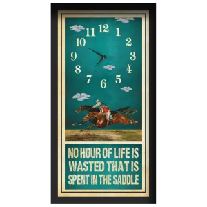 No Hour Of Life horse racing clock, black frame - Two-Horse Duel design