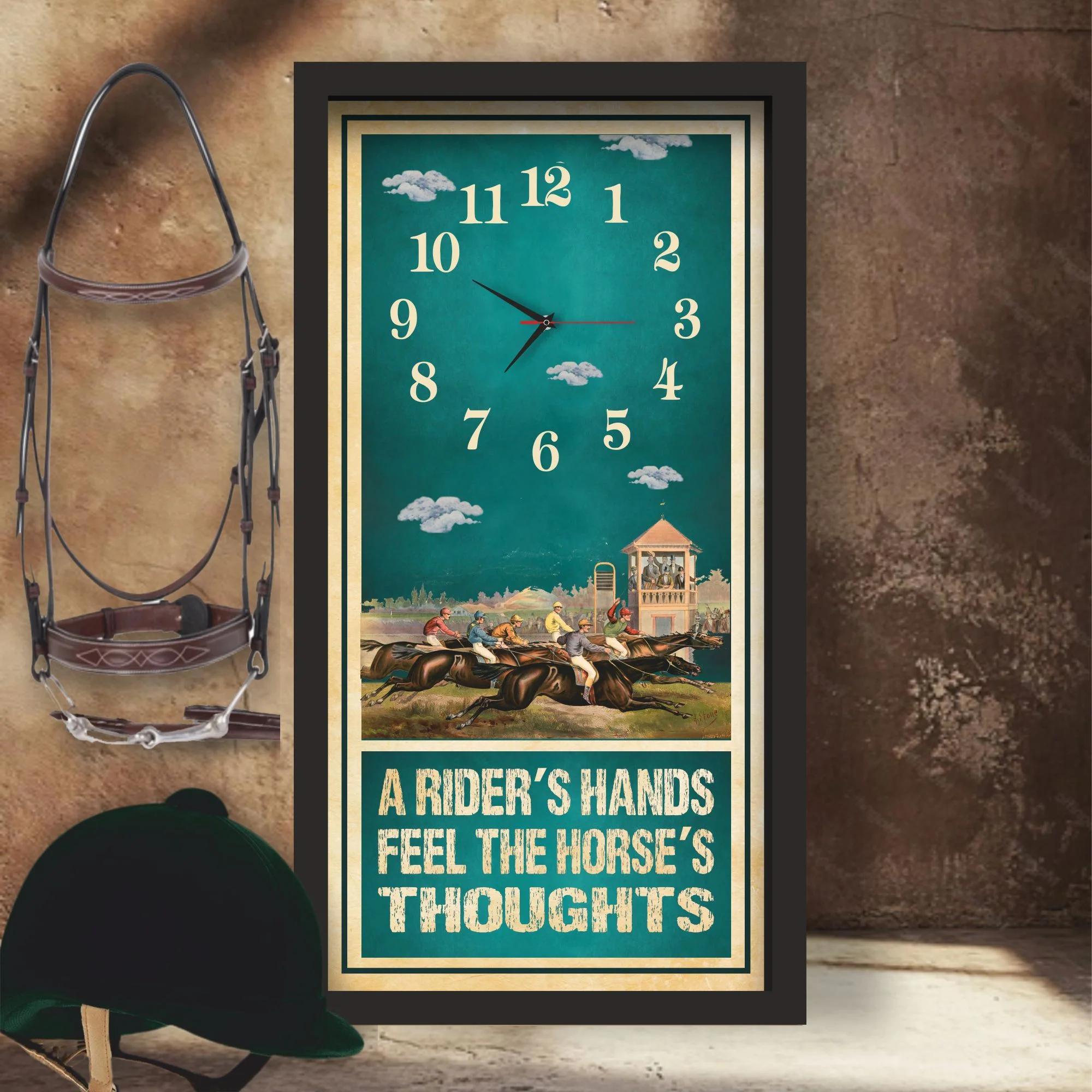 A Rider's Hands horse racing clock, black frame - Racecourse Grandstand design, lifestyle shot