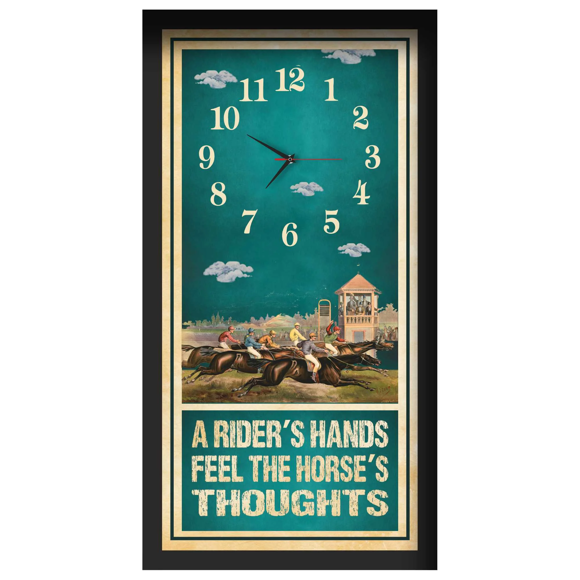 A Rider's Hands horse racing clock, black frame - Racecourse Grandstand design