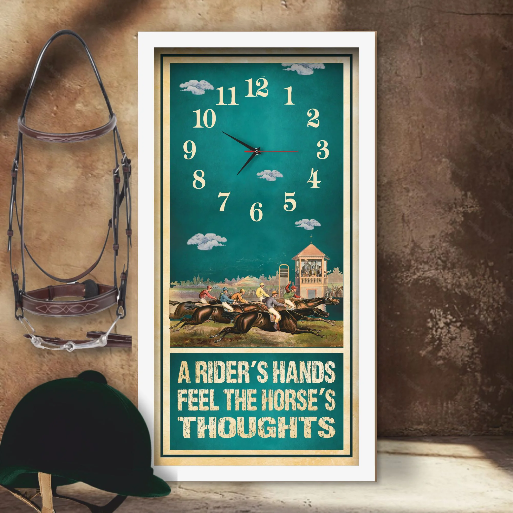 A Rider's Hands horse racing clock, white frame - Racecourse Grandstand design, lifestyle shot