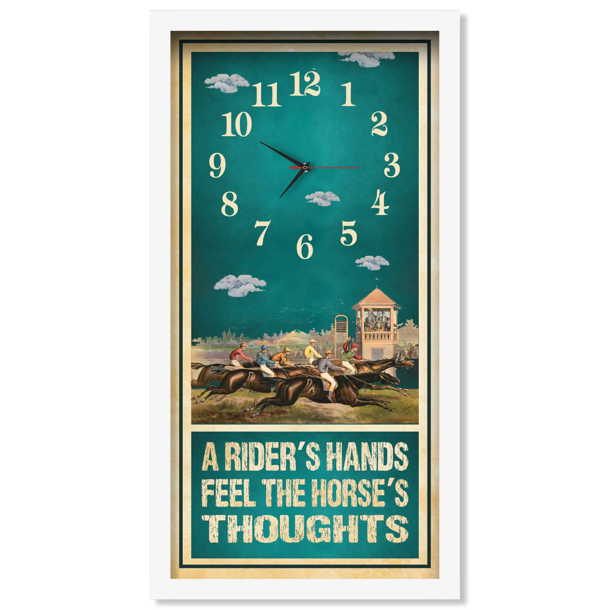A Rider's Hands horse racing clock, white frame - Racecourse Grandstand design