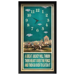 A Great Jockey horse racing clock, black frame - Racecourse Grandstand design