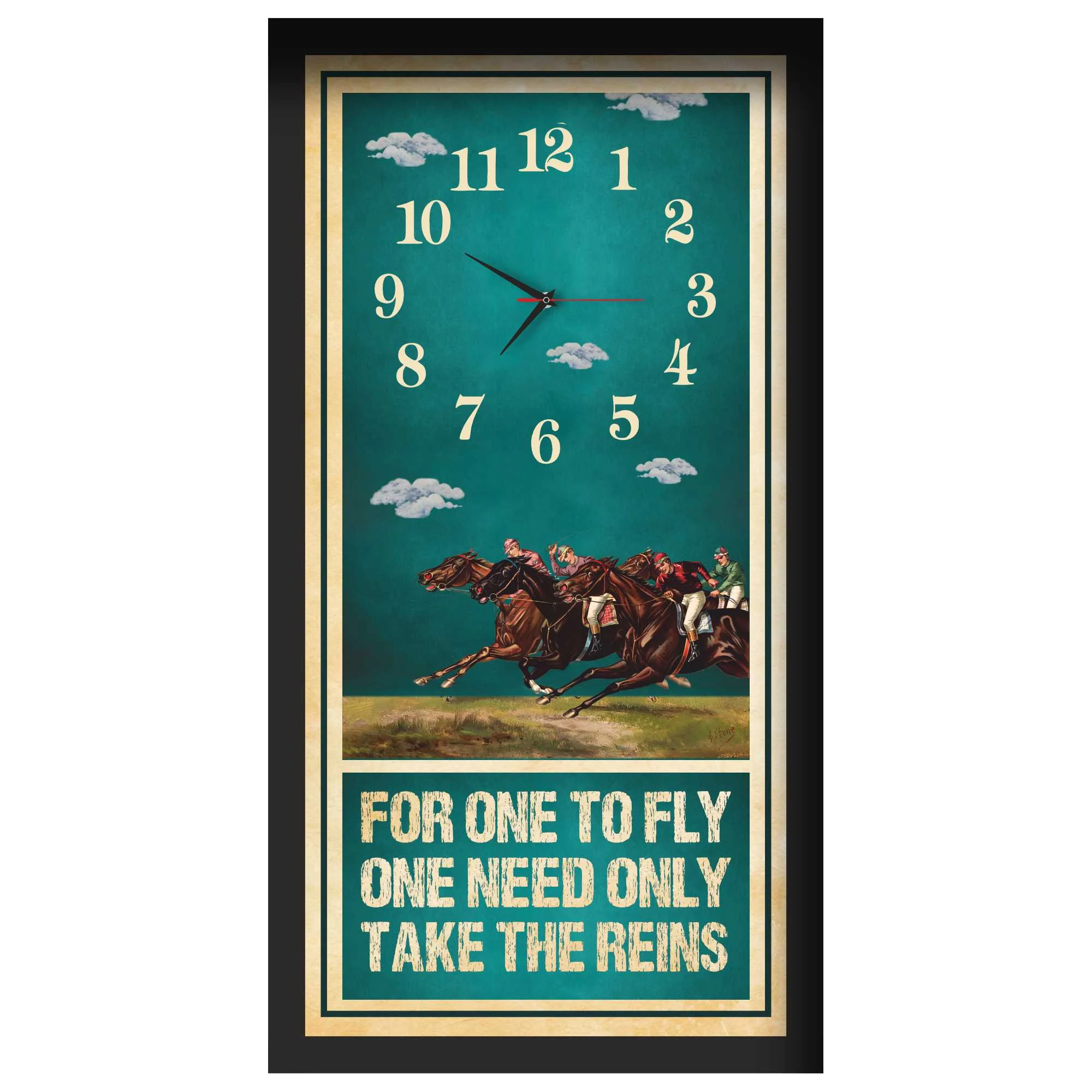 For One To Fly horse racing clock, black frame - Racing Pack design