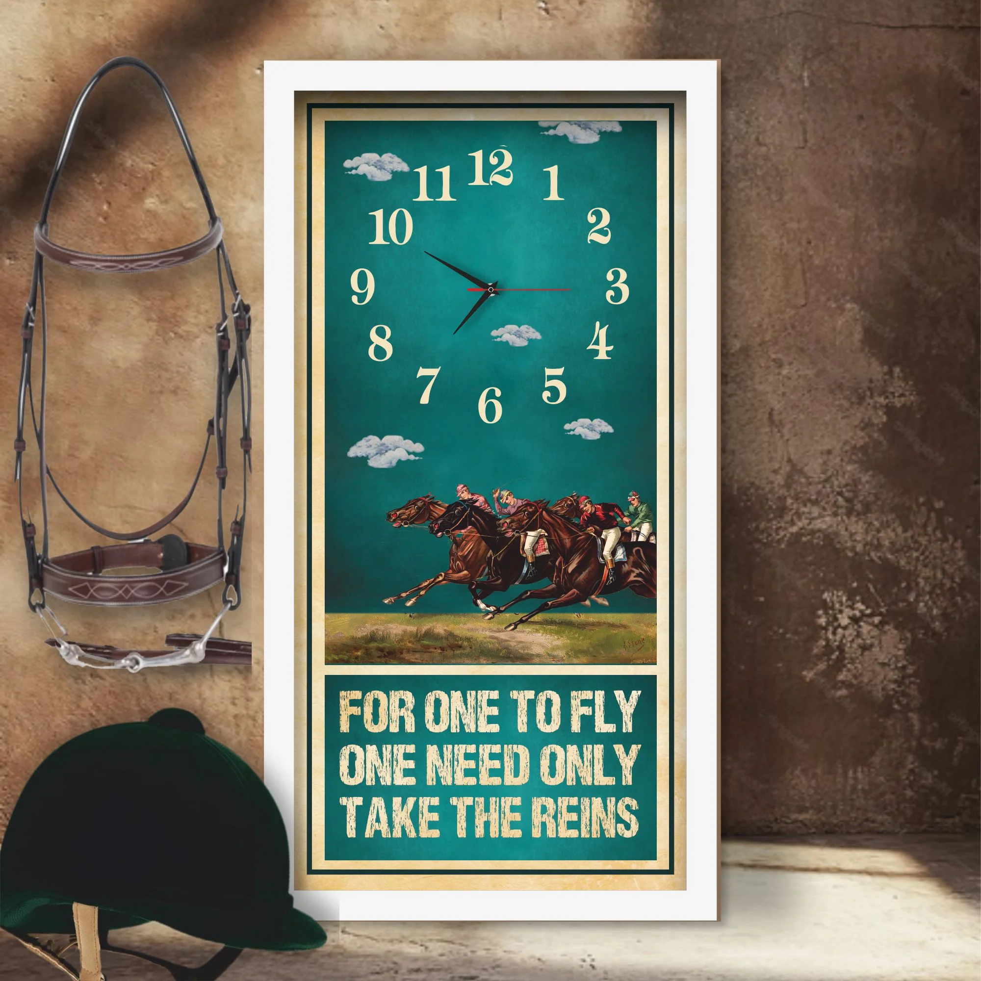For One To Fly horse racing clock, white frame - Racing Pack design, lifestyle shot
