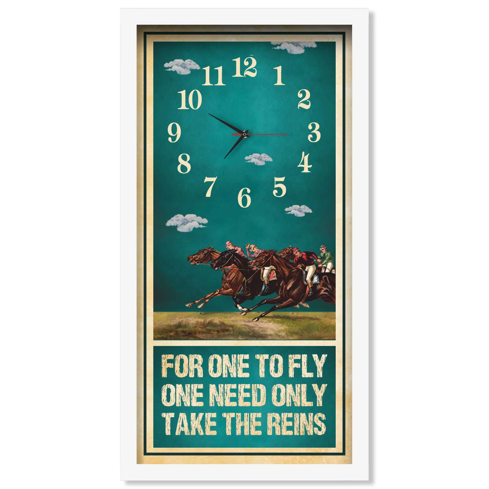 For One To Fly horse racing clock, white frame - Racing Pack design