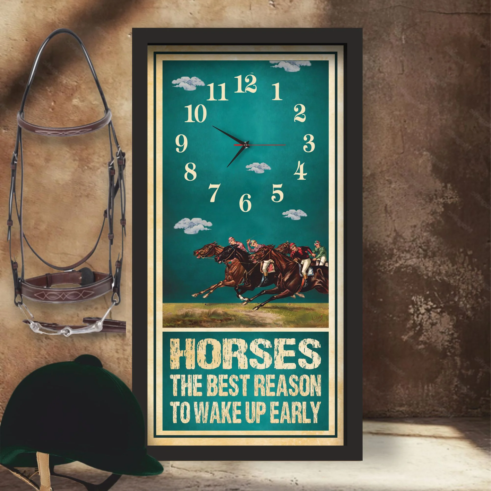 Horses The Best Reason horse racing clock, black frame - Racing Pack design, lifestyle shot