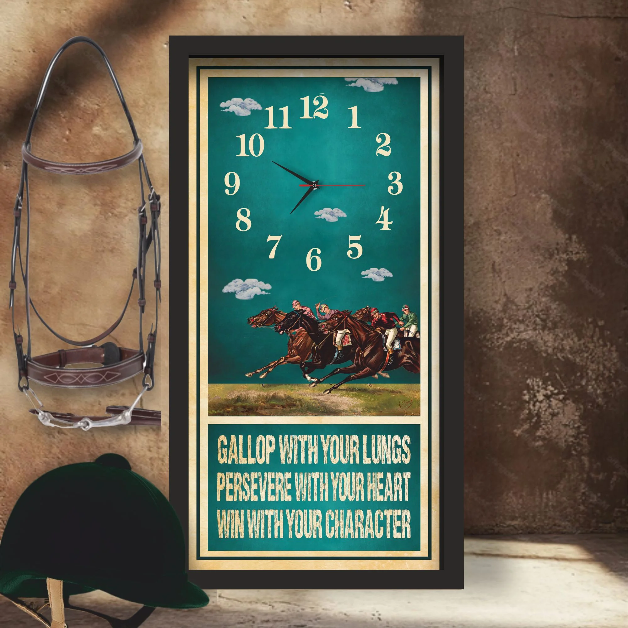 Gallop With Your Lungs horse racing clock, black frame - Racing Pack design, lifestyle shot