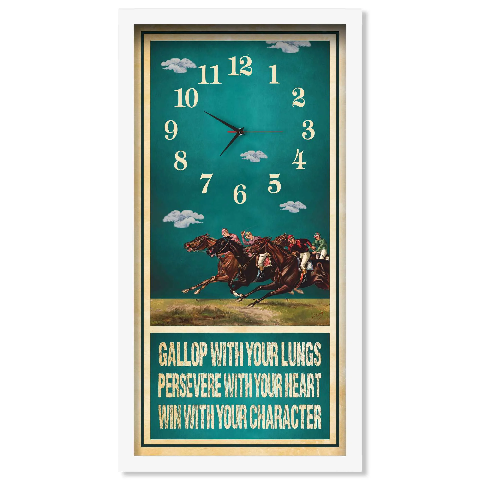 Gallop With Your Lungs horse racing clock, white frame - Racing Pack design