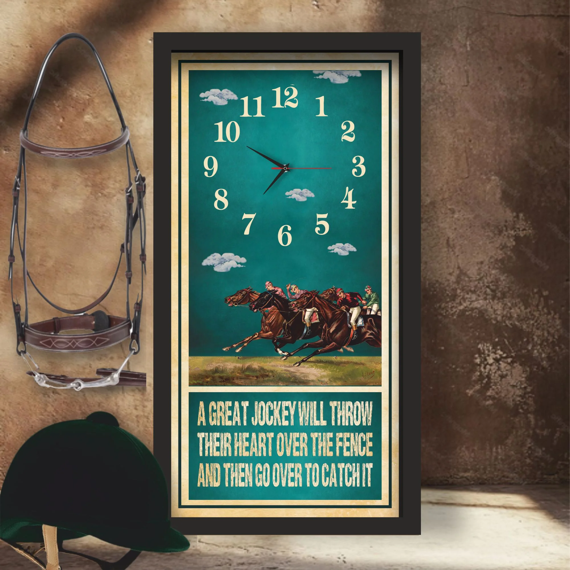 A Great Jockey horse racing clock, black frame - Racing Pack design, lifestyle shot
