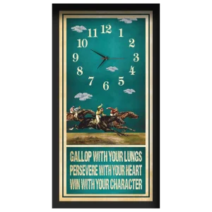 Gallop With Your Lungs horse racing clock, black frame - Photo Finish design