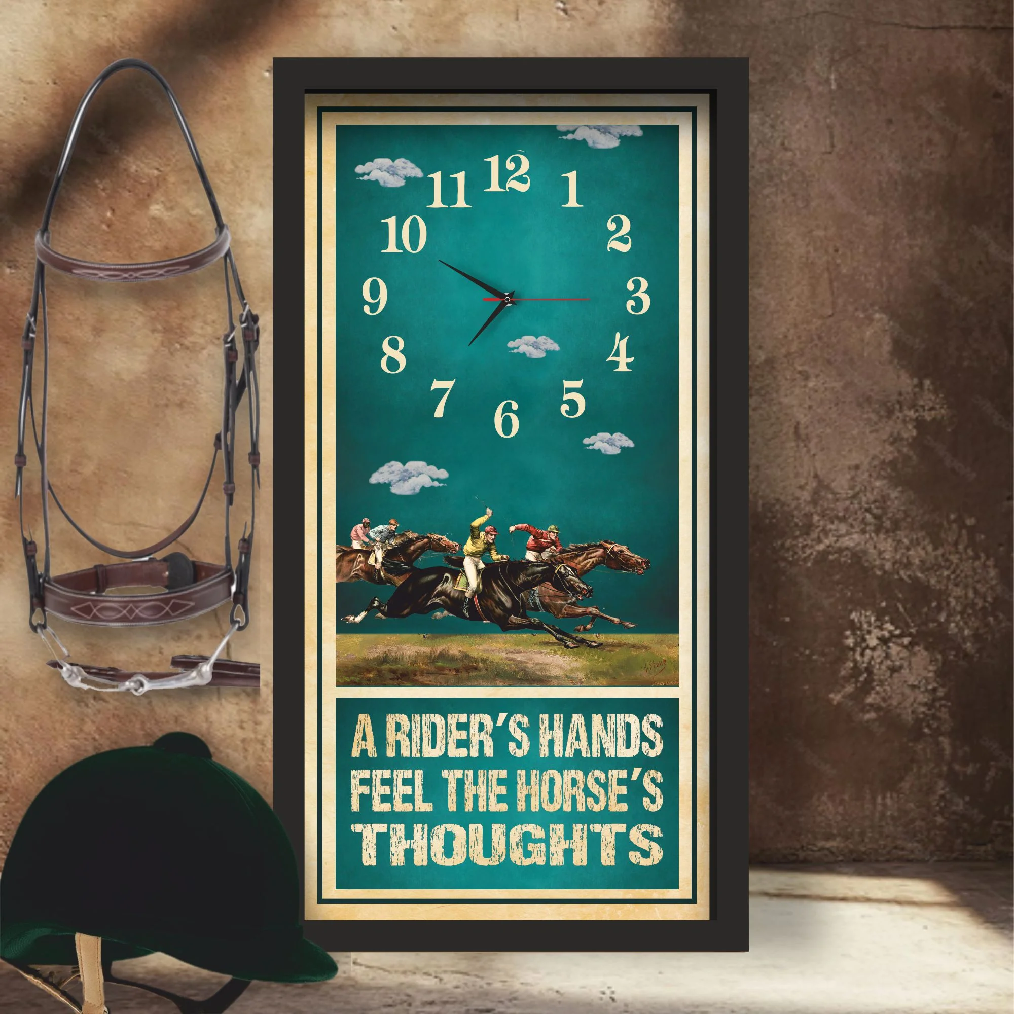 A Rider's Hands horse racing clock, black frame - Photo Finish design, lifestyle shot
