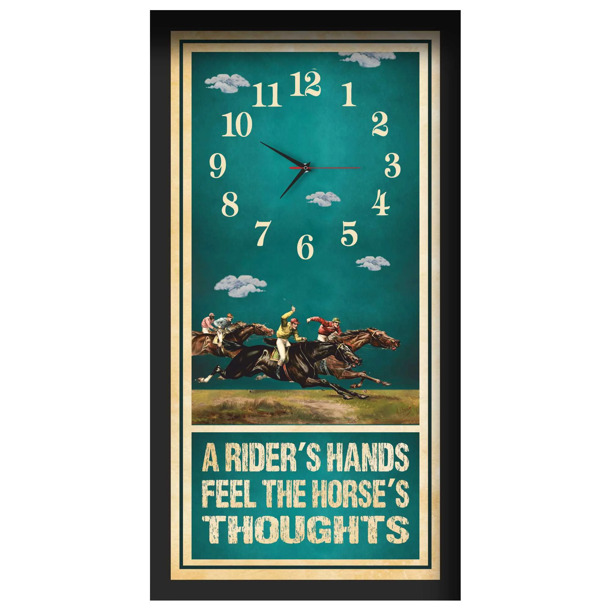 A Rider's Hands horse racing clock, black frame - Photo Finish design