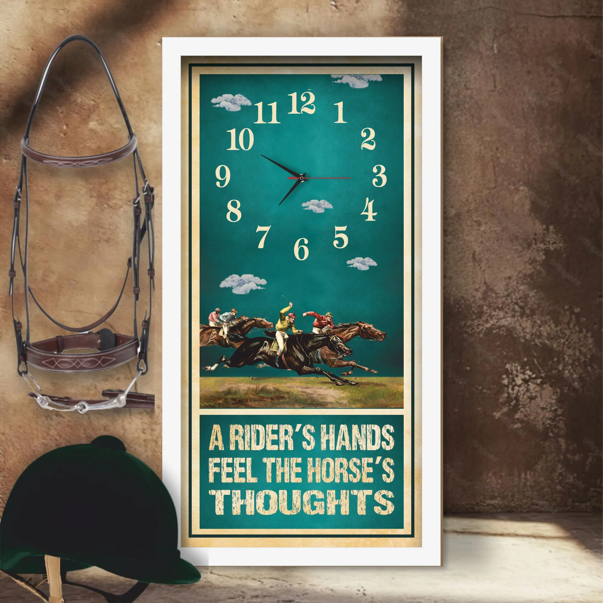 A Rider's Hands horse racing clock, white frame - Photo Finish design, lifestyle shot