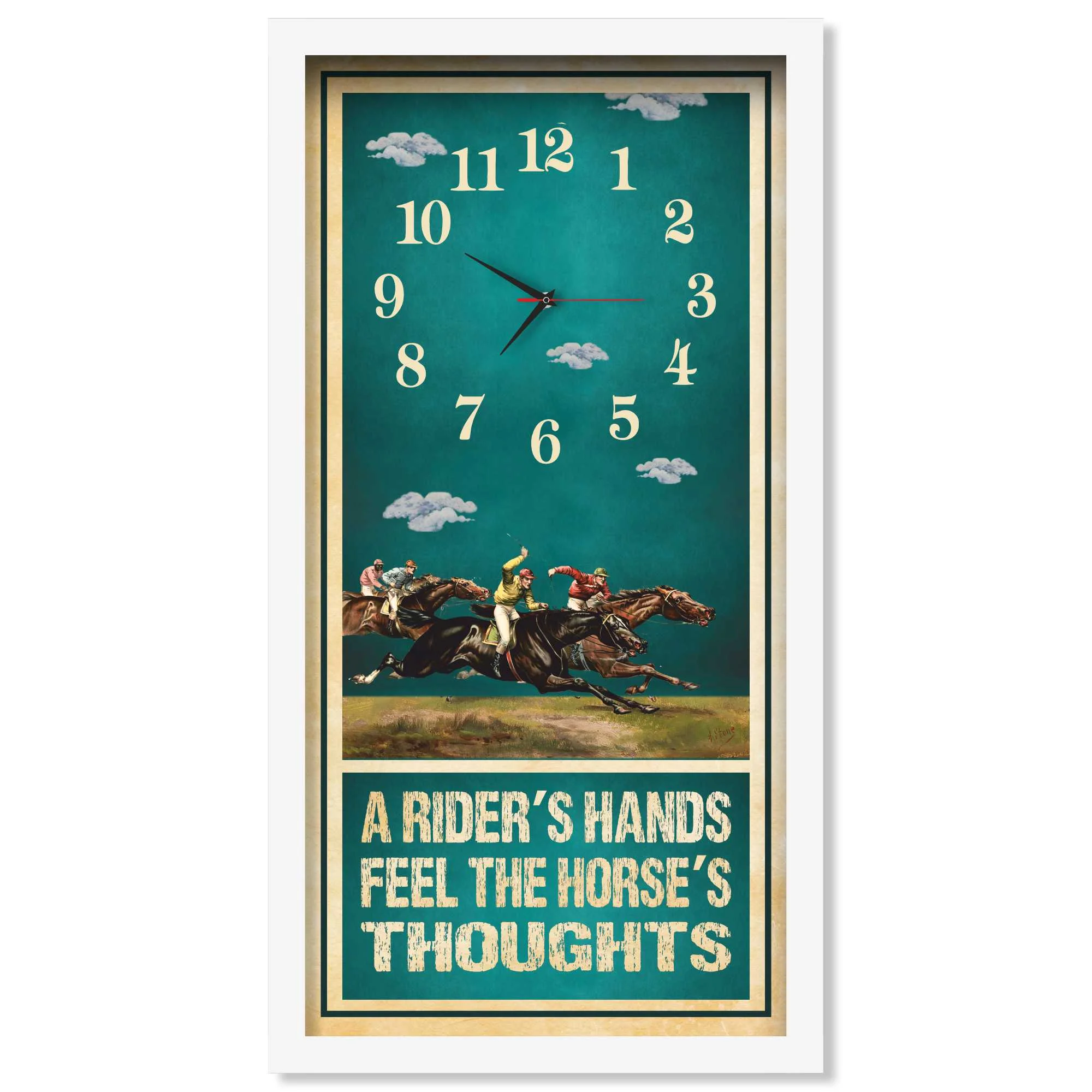 A Rider's Hands horse racing clock, white frame - Photo Finish design