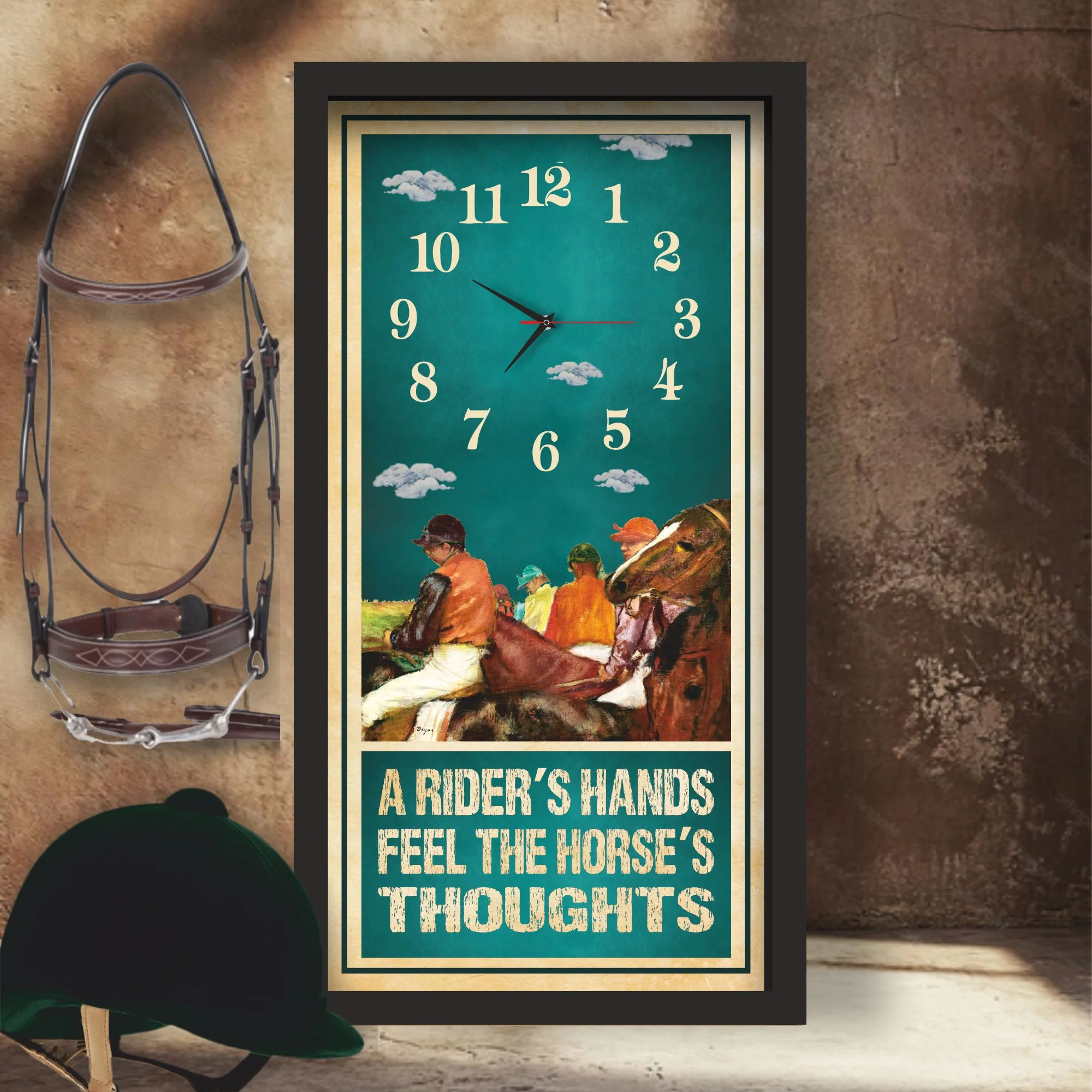 A Rider's Hands horse racing clock, black frame - Degas-Style Painting design, lifestyle shot