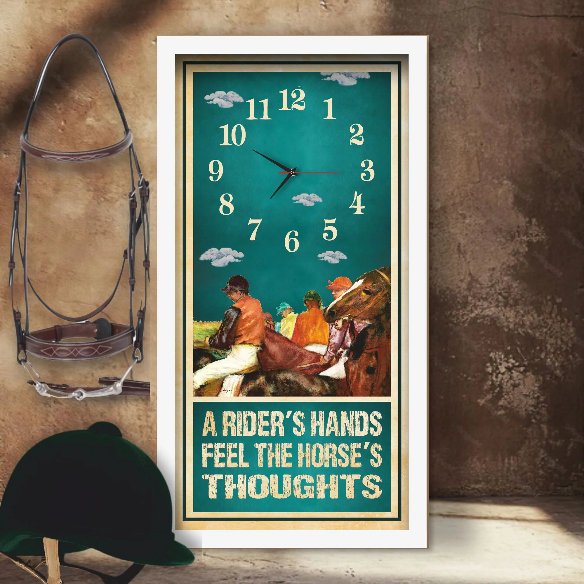 A Rider's Hands horse racing clock, white frame - Degas-Style Painting design, lifestyle shot