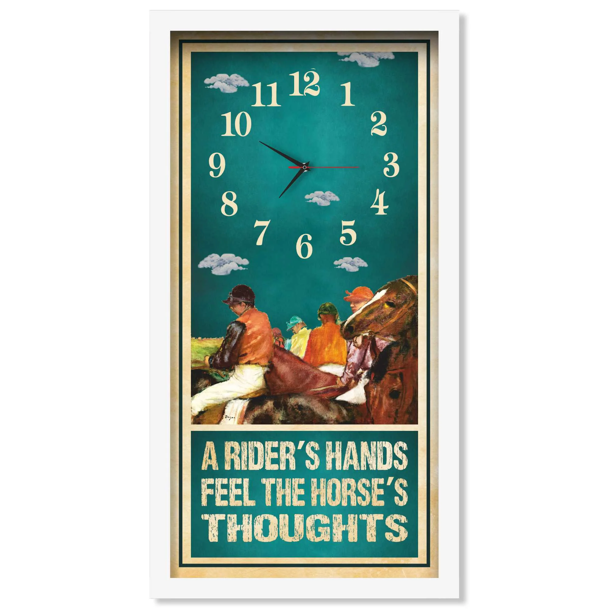A Rider's Hands horse racing clock, white frame - Degas-Style Painting design
