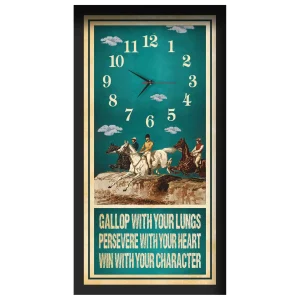 Gallop With Your Lungs horse racing clock, black frame - Vintage Chromolithograph design