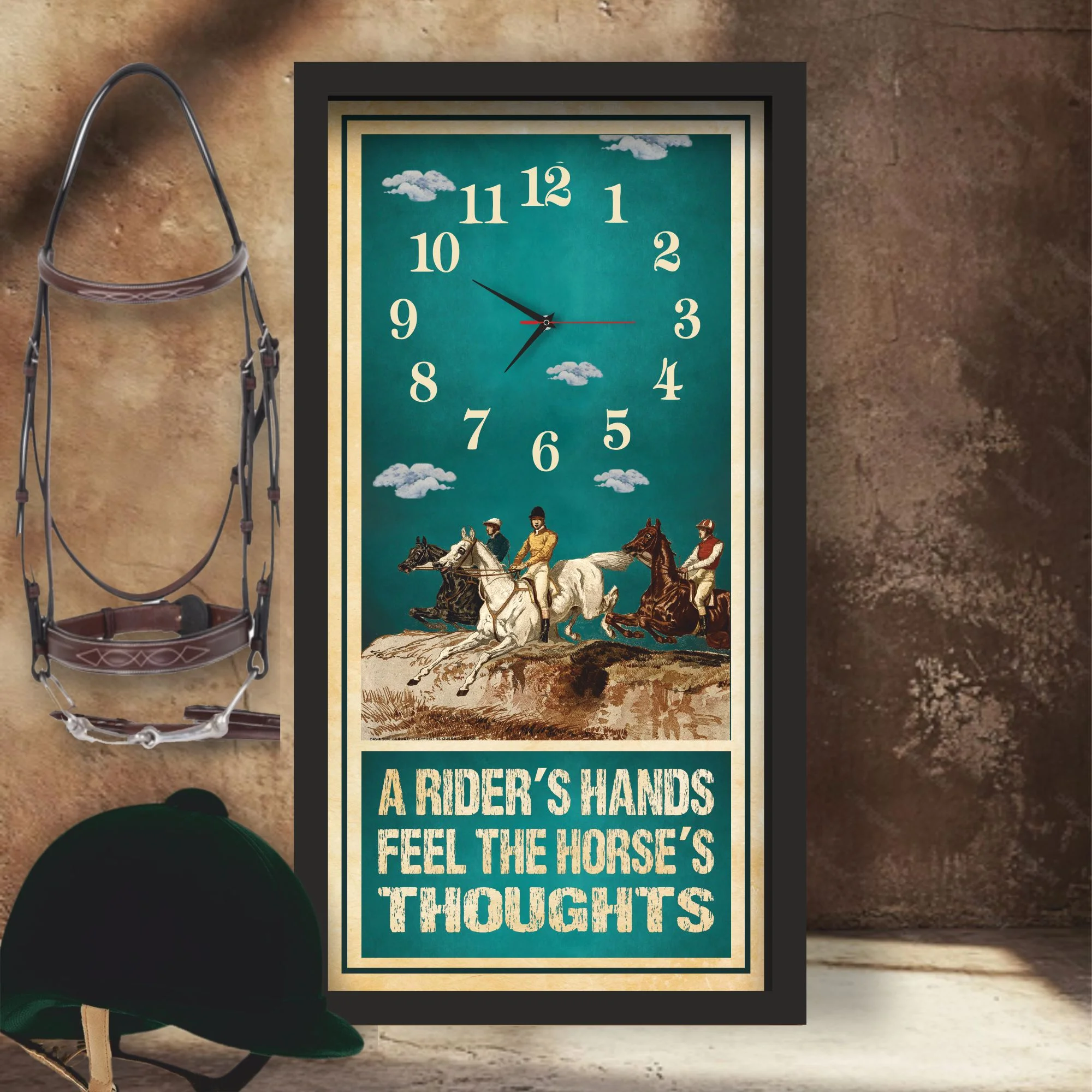 A Rider's Hands horse racing clock, black frame - Vintage Chromolithograph design, lifestyle shot